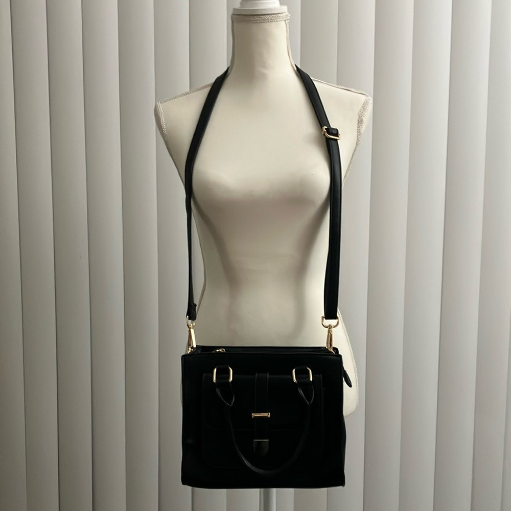Black Crossbody and handbag with Adjustable Strap and Flap Closure